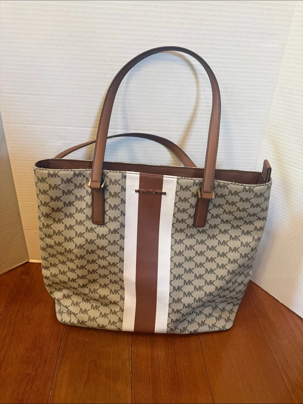 Michael Kors monogram Beige and Brown Logo Stripe Tote 13x16”READ